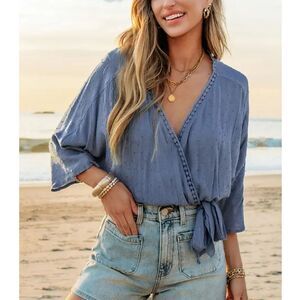 Cupshe Womens Wrap Top Medium‎ Blue Tie Waist Cropped Boho Vacation Brunch
